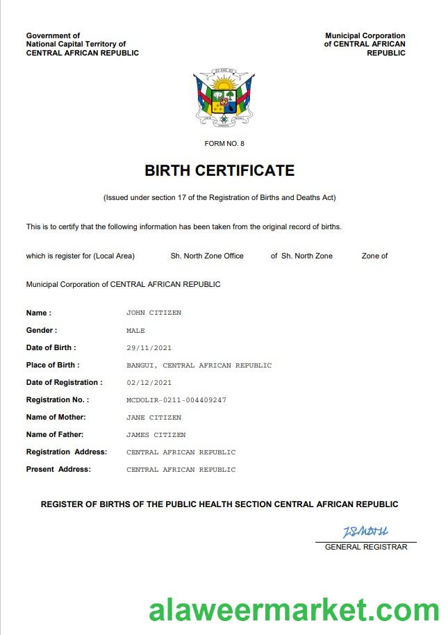 Central African Republic vital record birth certificate Word and PDF template